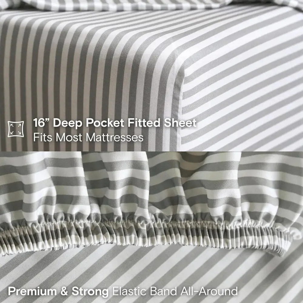 NWT Sijo DOZ 3PC Sheet Set 100% Viscose 2 Pillowcases 1 Fitted Sheet Stripe K